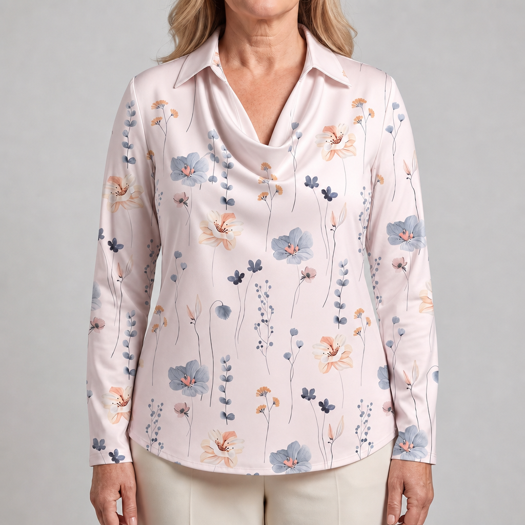 Women's Elegant Floral Print Satin Cowl Neck Blouse