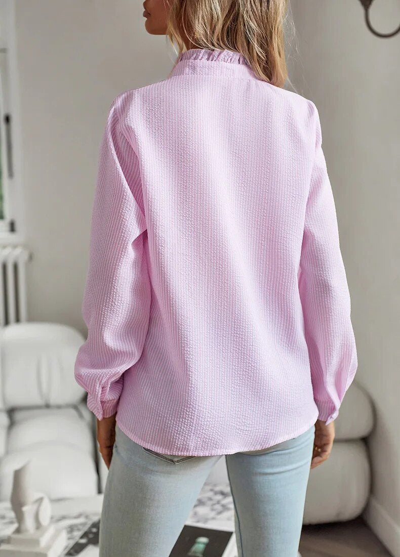 Elegant Long Sleeve Casual Ruffle Front Button Blouse