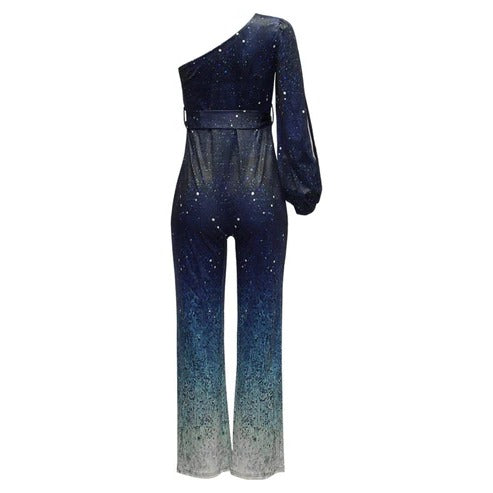 Women’s Glamorous One-Shoulder Sequin Jumpsuit with Ombre Wide-Leg Pants