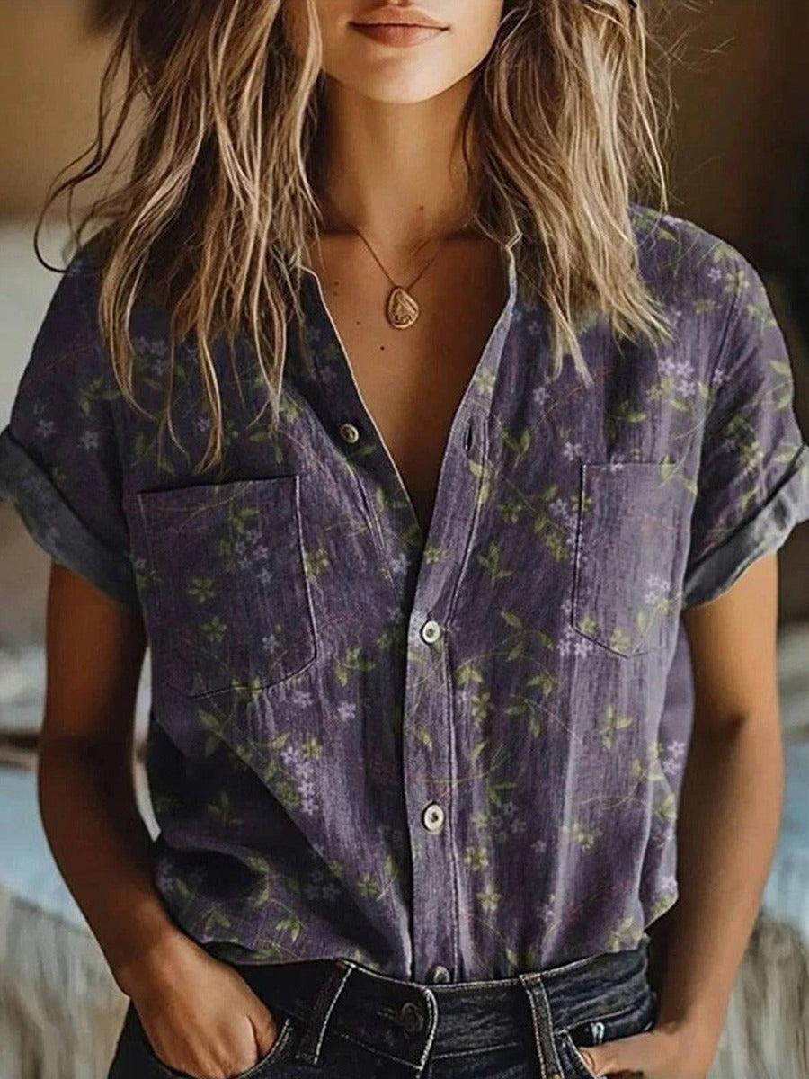 Women’s Casual Floral Button-Front V-Neck Blouse
