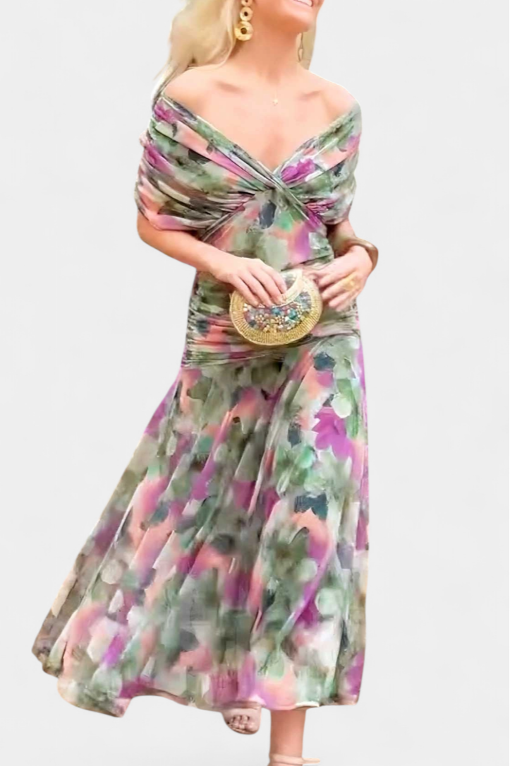 Women's Off-Shoulder Ruched Floral Midi Dress