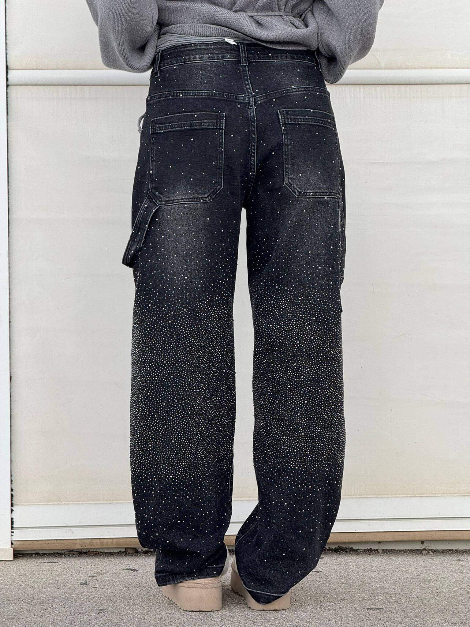 Women's Wide-Leg Cargo Jeans with Rhinestone Detail