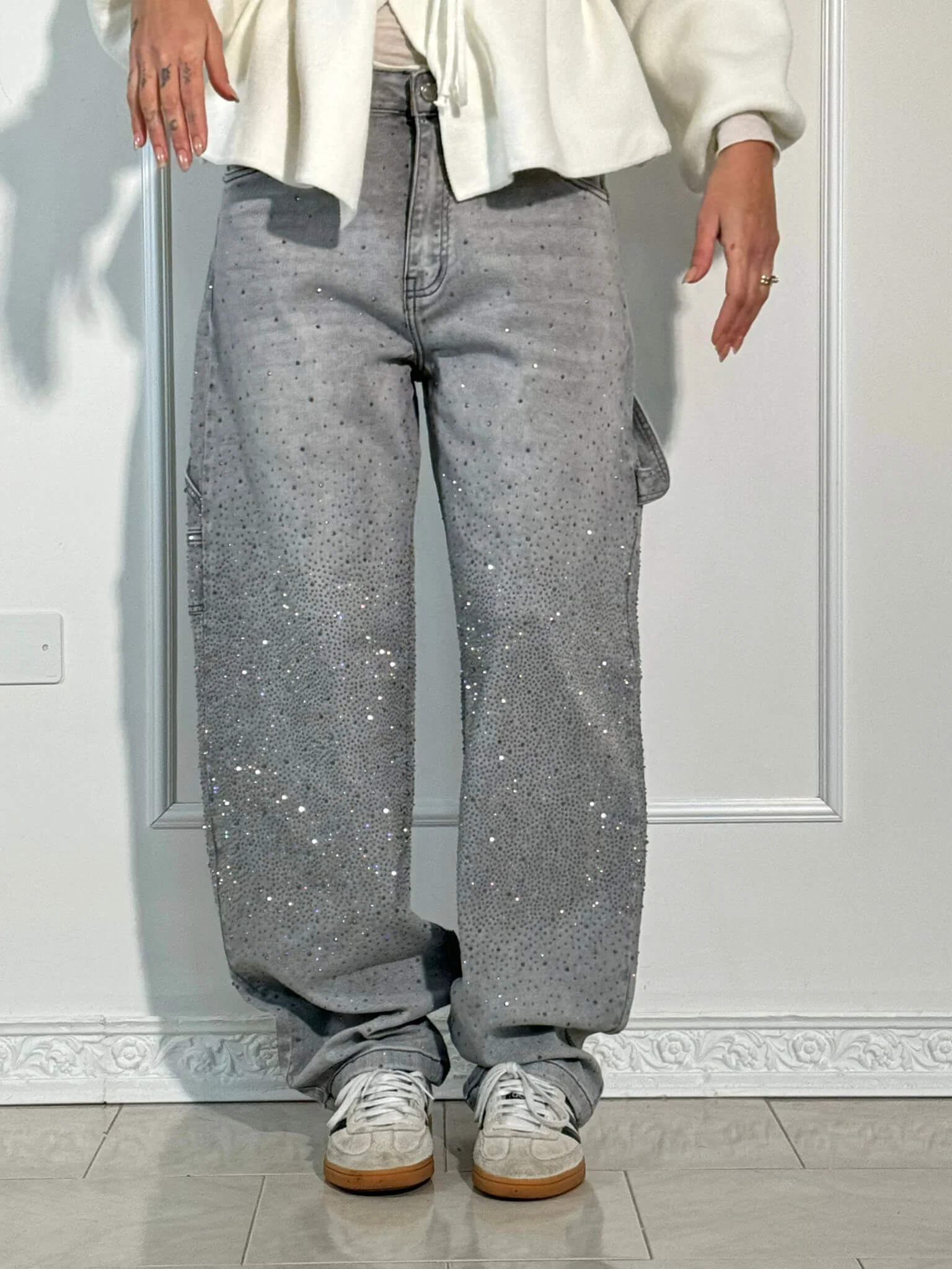Women's Wide-Leg Cargo Jeans with Rhinestone Detail