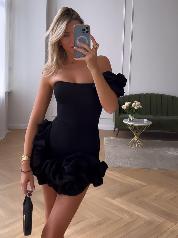 Women’s One-Shoulder Ruffle Hem Mini Dress