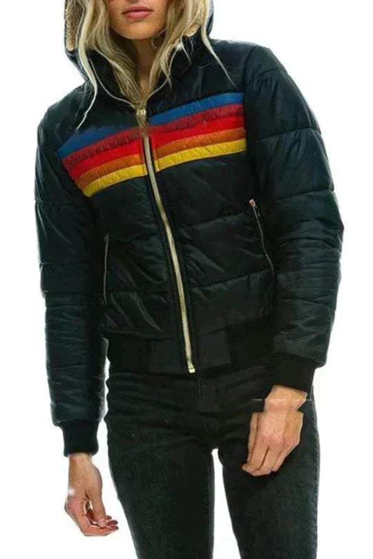 Women's Retro Rainbow Stripe Puffer Jacket