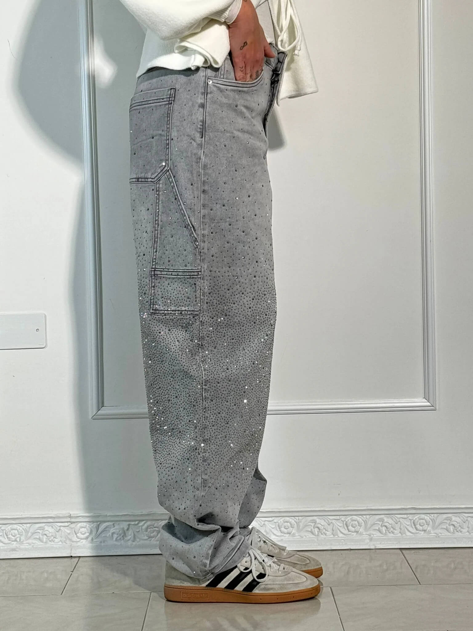 Women's Wide-Leg Cargo Jeans with Rhinestone Detail