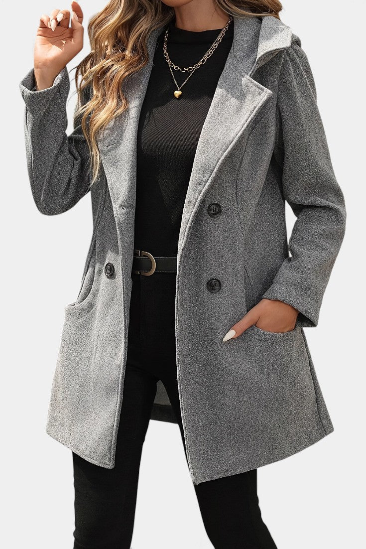 Women's Double-Breasted Wool Coat with Hood