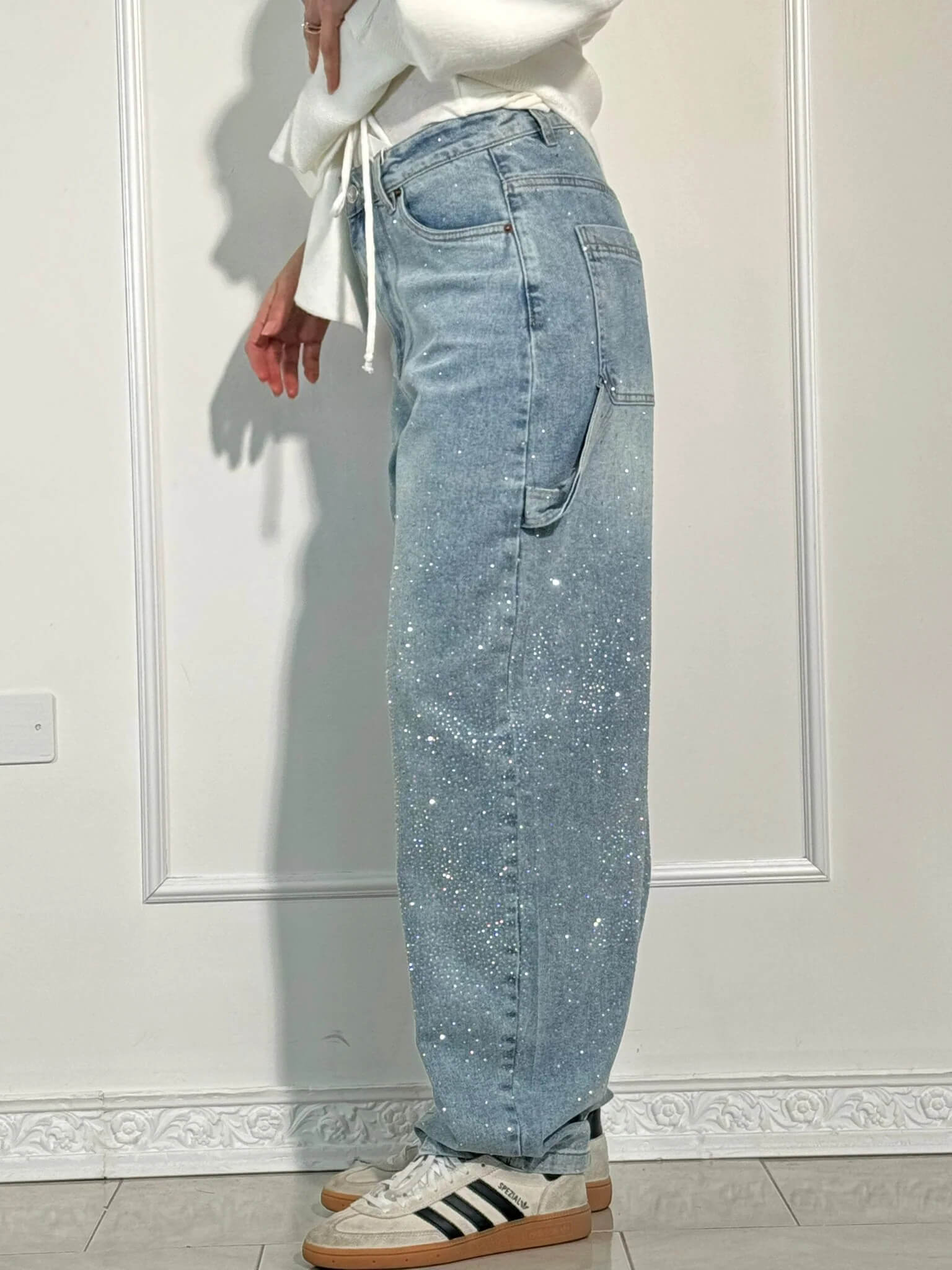 Women's Wide-Leg Cargo Jeans with Rhinestone Detail