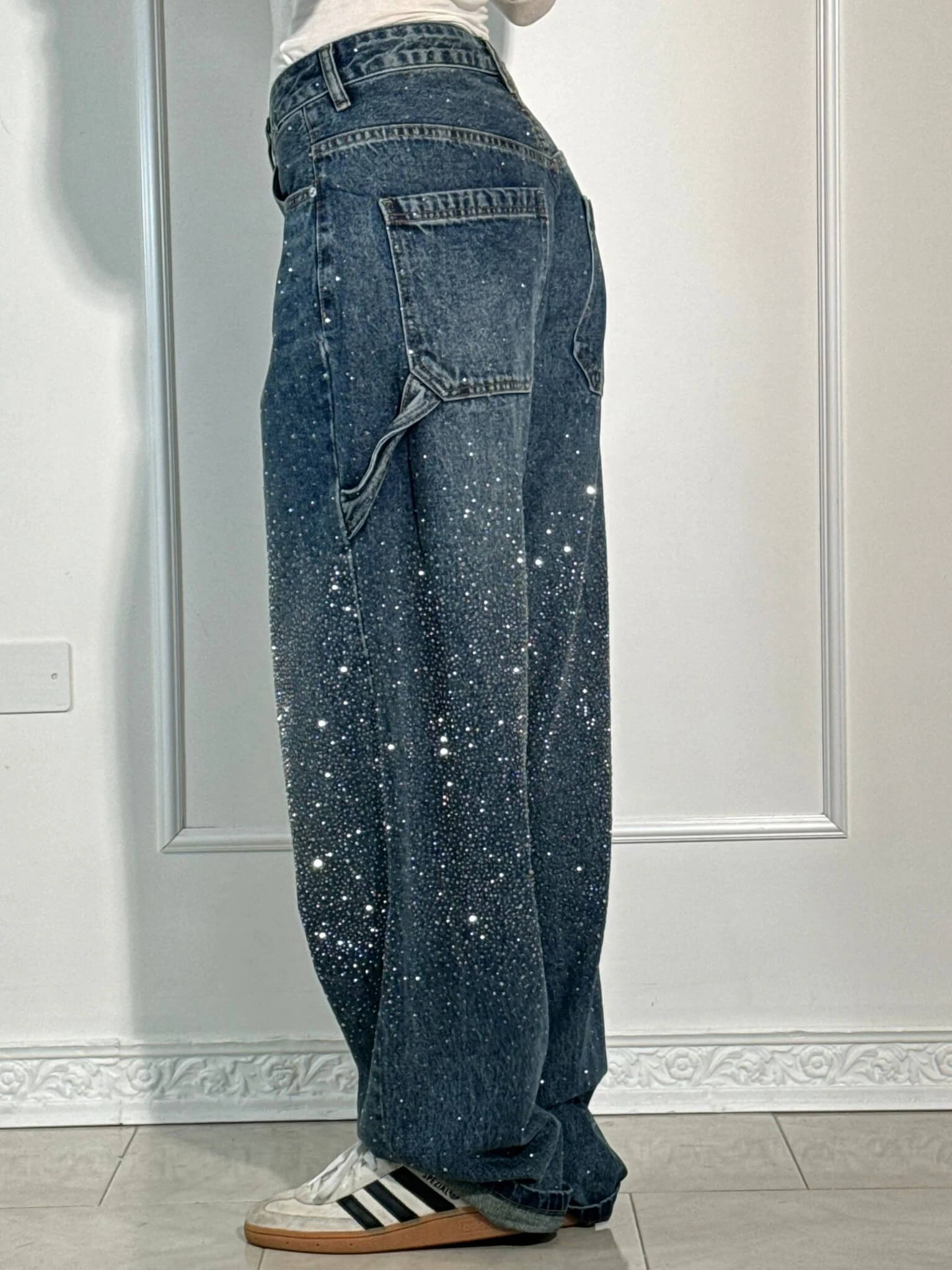 Women's Wide-Leg Cargo Jeans with Rhinestone Detail