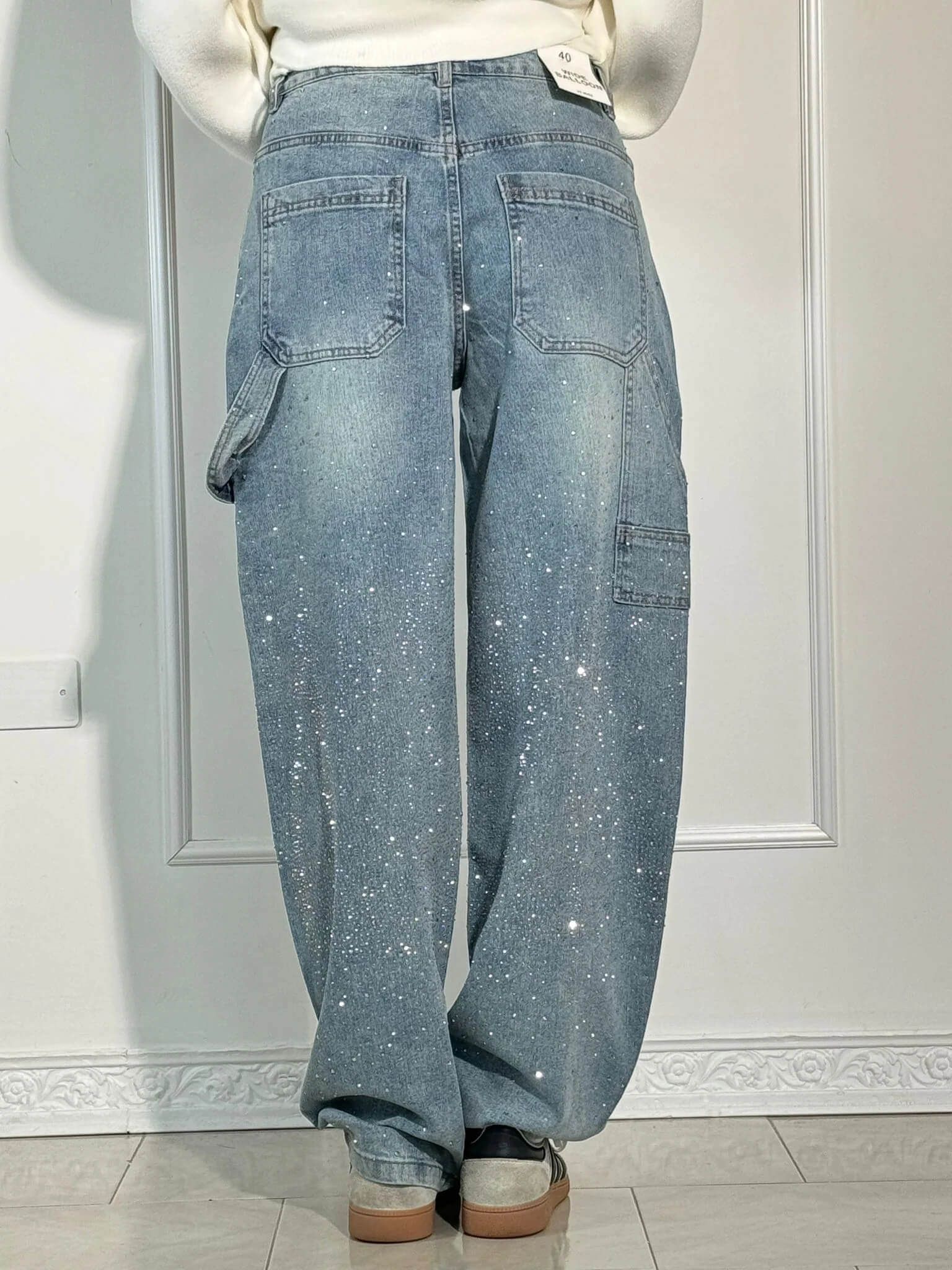 Women's Wide-Leg Cargo Jeans with Rhinestone Detail
