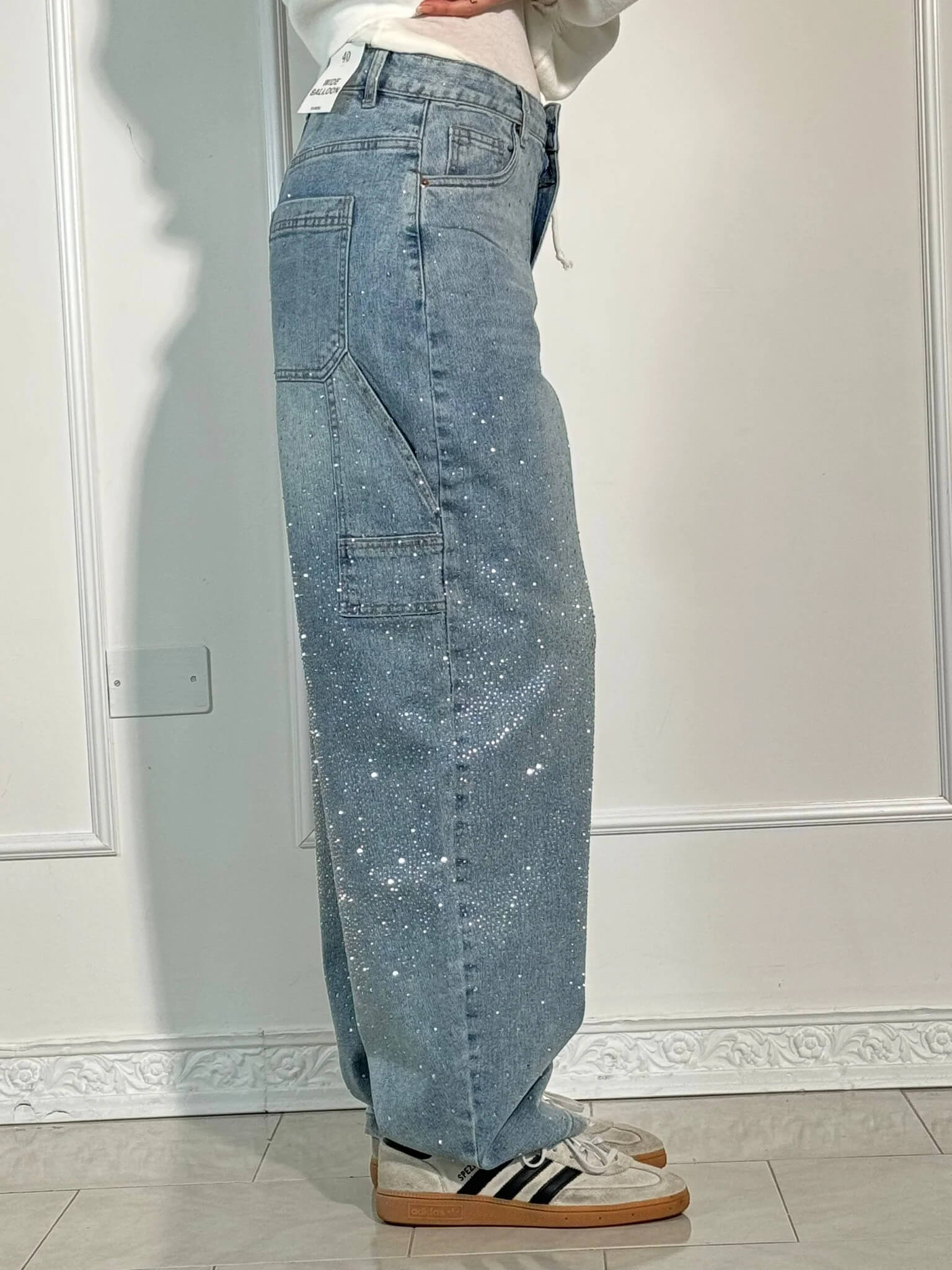 Women's Wide-Leg Cargo Jeans with Rhinestone Detail