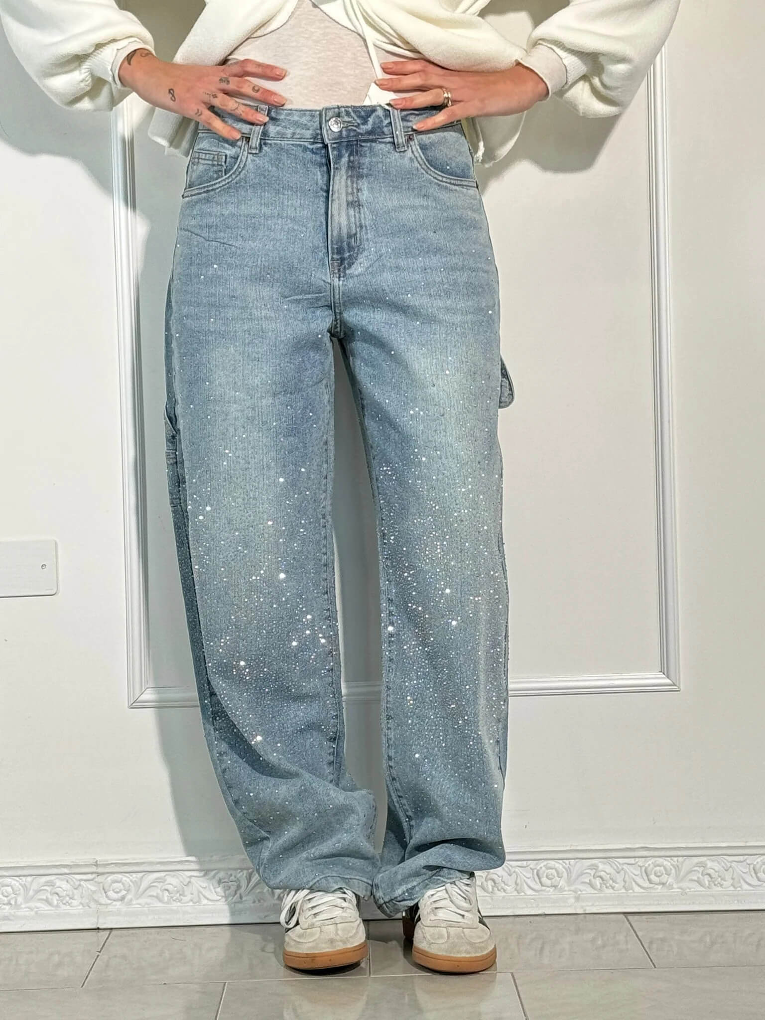 Women's Wide-Leg Cargo Jeans with Rhinestone Detail
