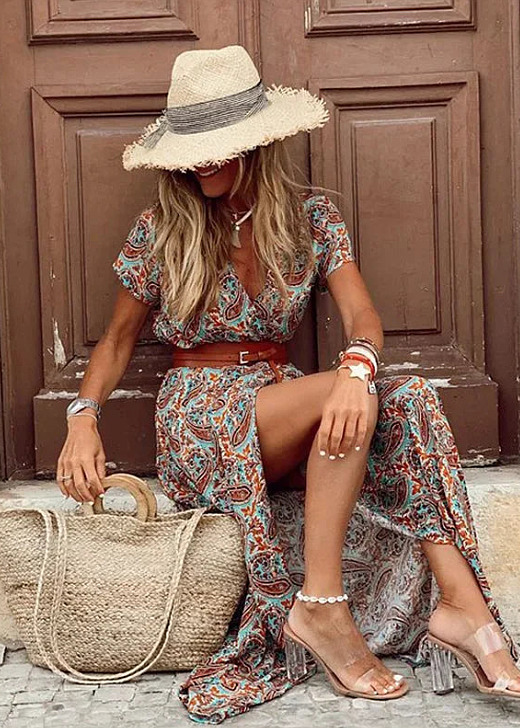 Women's Floral Print V-Neck Maxi Dress with Side Slit