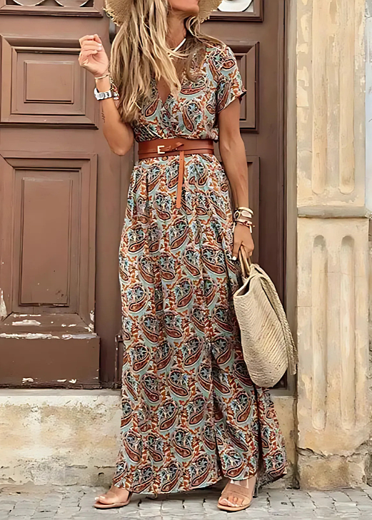 Women's Floral Print V-Neck Maxi Dress with Side Slit