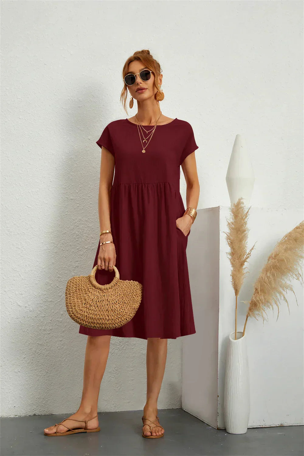 Women's Short Sleeves Midi Dress with Pockets