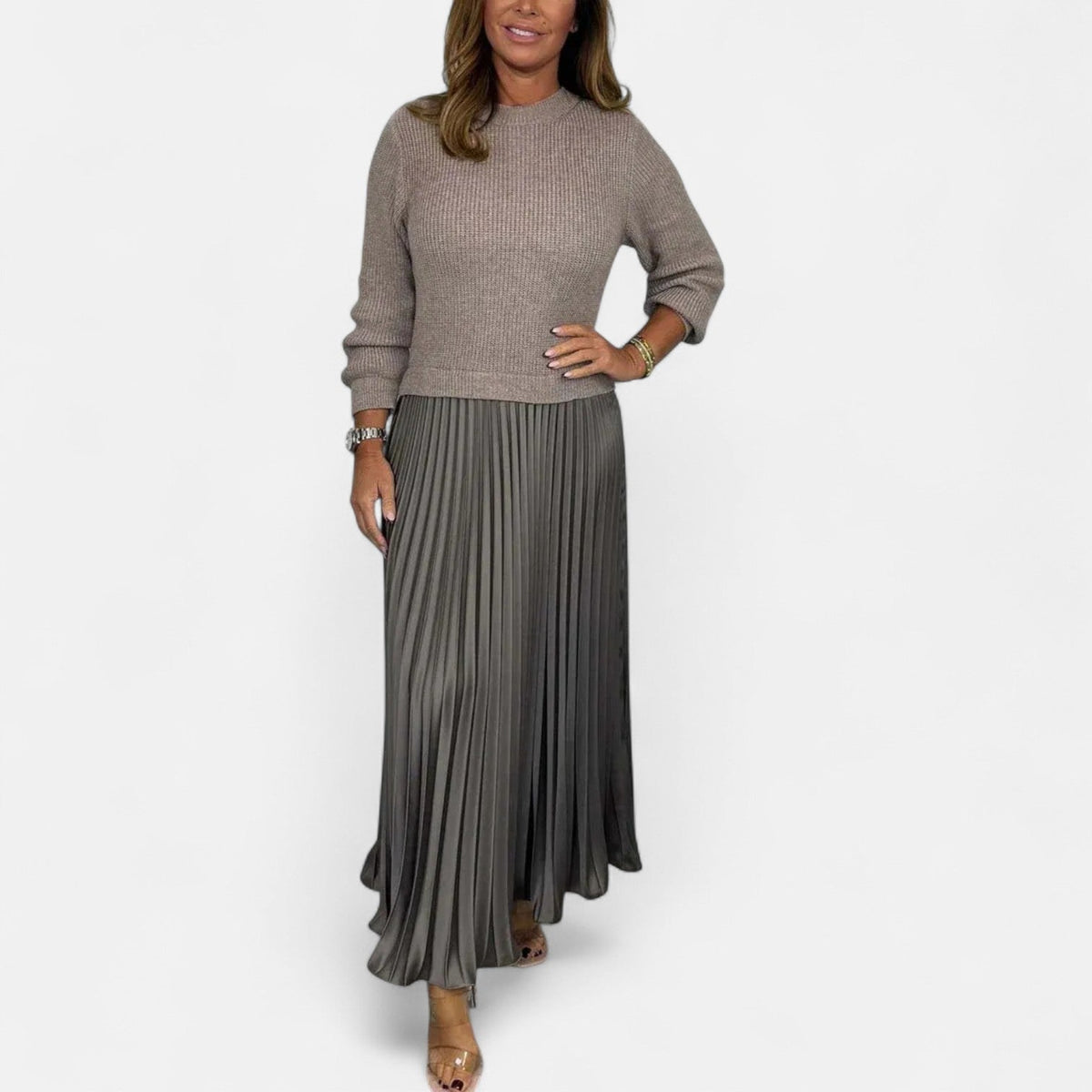 Women’s Long-Sleeve Pleated Knit Maxi Dress
