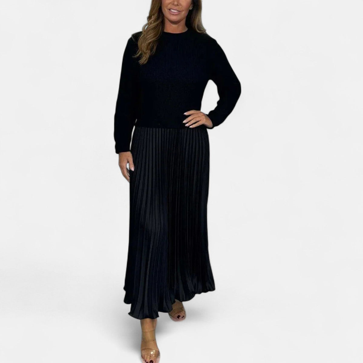 Women’s Long-Sleeve Pleated Knit Maxi Dress