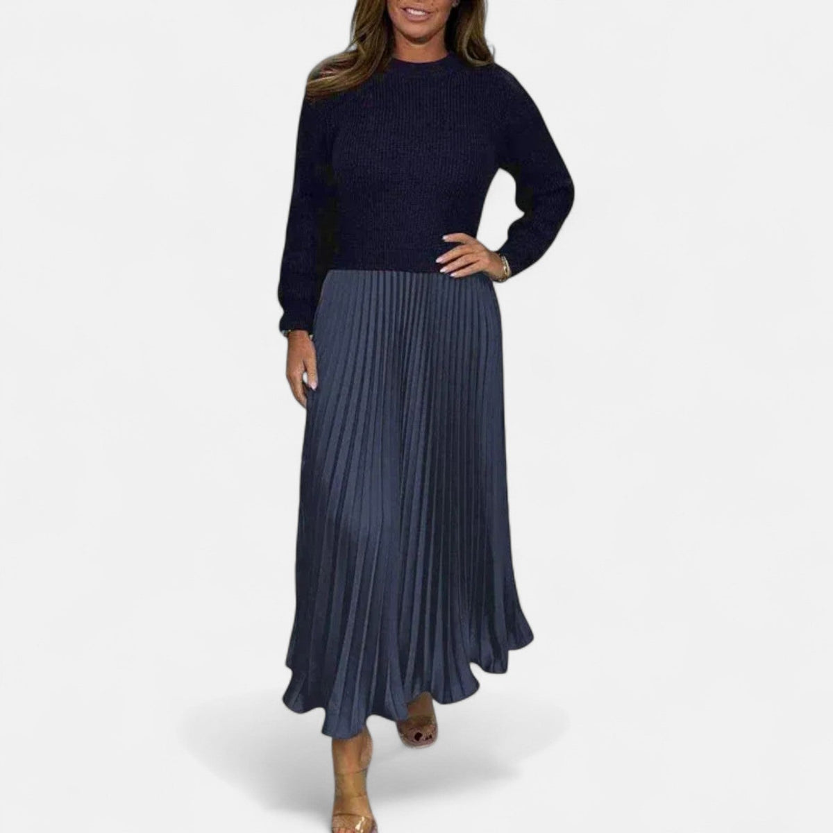 Women’s Long-Sleeve Pleated Knit Maxi Dress