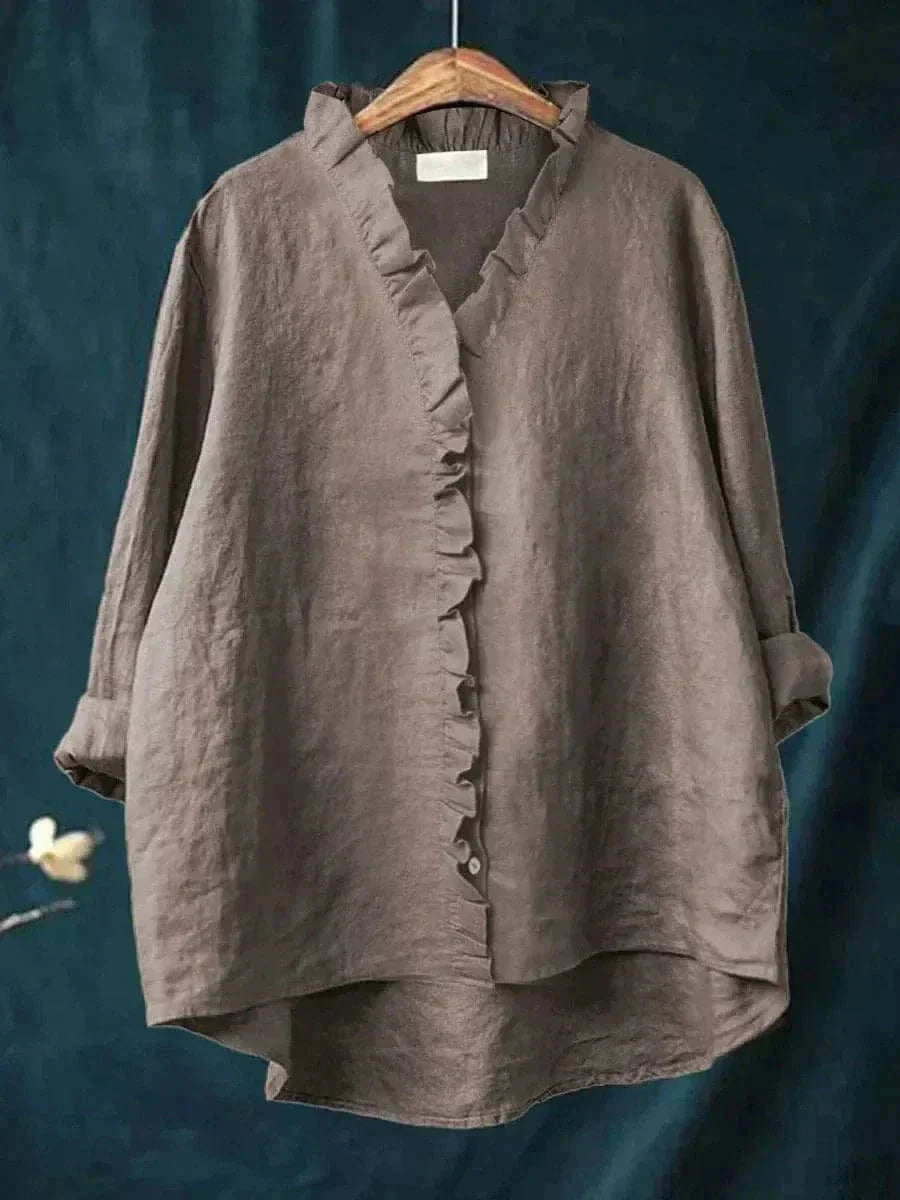 Women's Ruffle Trim V-Neck Blouse with Relaxed Silhouette