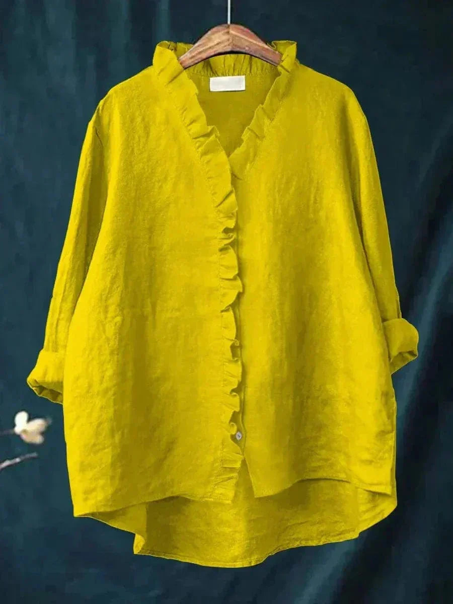 Women's Ruffle Trim V-Neck Blouse with Relaxed Silhouette