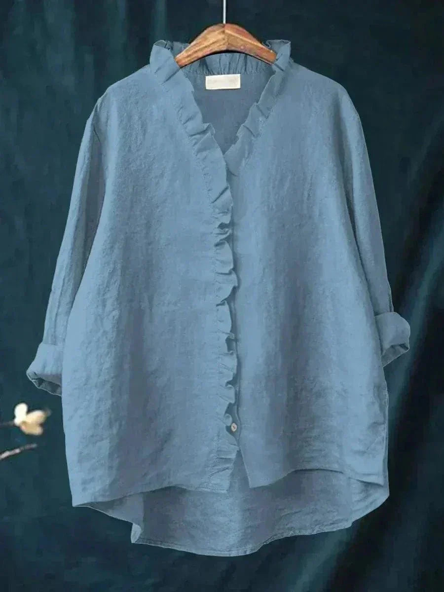 Women's Ruffle Trim V-Neck Blouse with Relaxed Silhouette