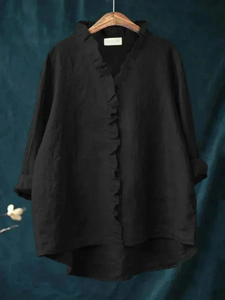 Women's Ruffle Trim V-Neck Blouse with Relaxed Silhouette