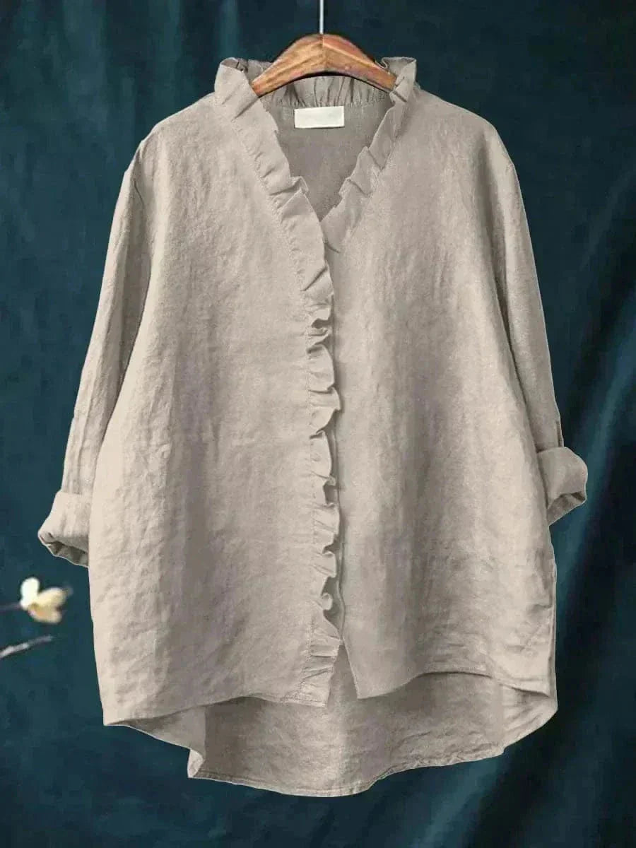 Women's Ruffle Trim V-Neck Blouse with Relaxed Silhouette