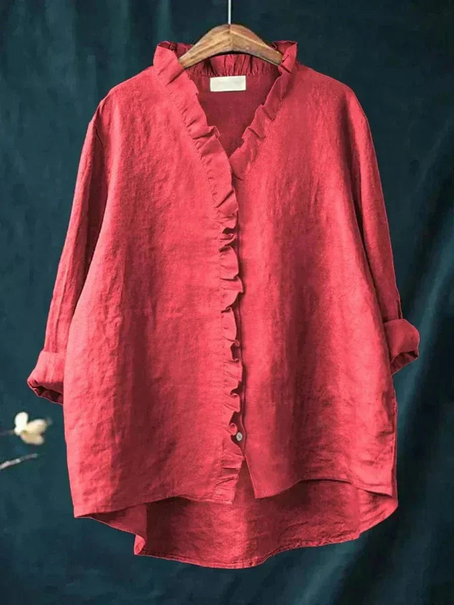 Women's Ruffle Trim V-Neck Blouse with Relaxed Silhouette