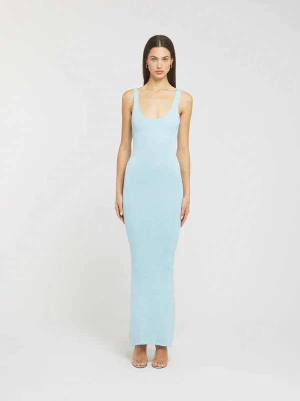 Irina - Women’s sleeveless fitted maxi dress in icy blue