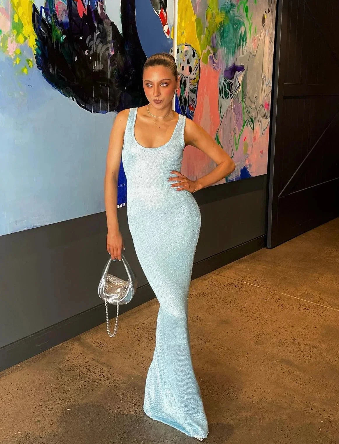 Irina - Women’s sleeveless fitted maxi dress in icy blue