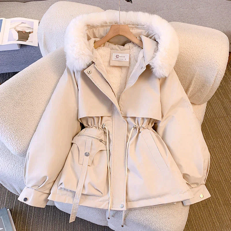 Women's Belted Puffer Winter Coat with Fur Collar