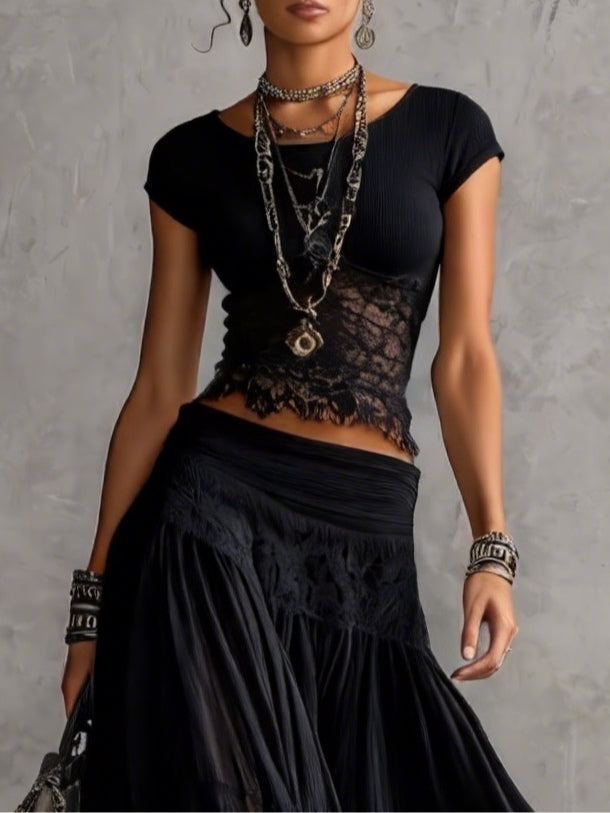 Women's Black Lace Chiffon Pleated Maxi Skirt Set
