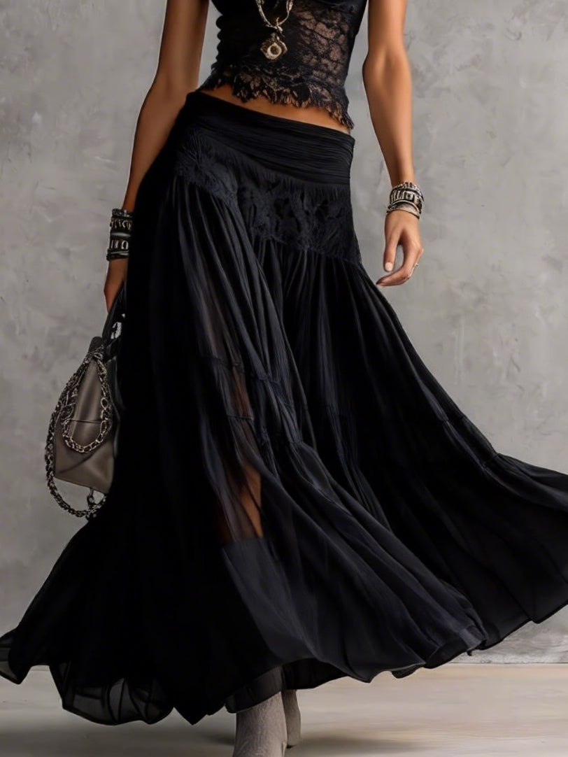 Women's Black Lace Chiffon Pleated Maxi Skirt Set