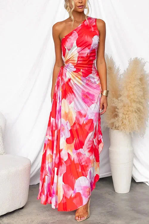 Jiya - Women’s flowy red floral one-shoulder maxi dress