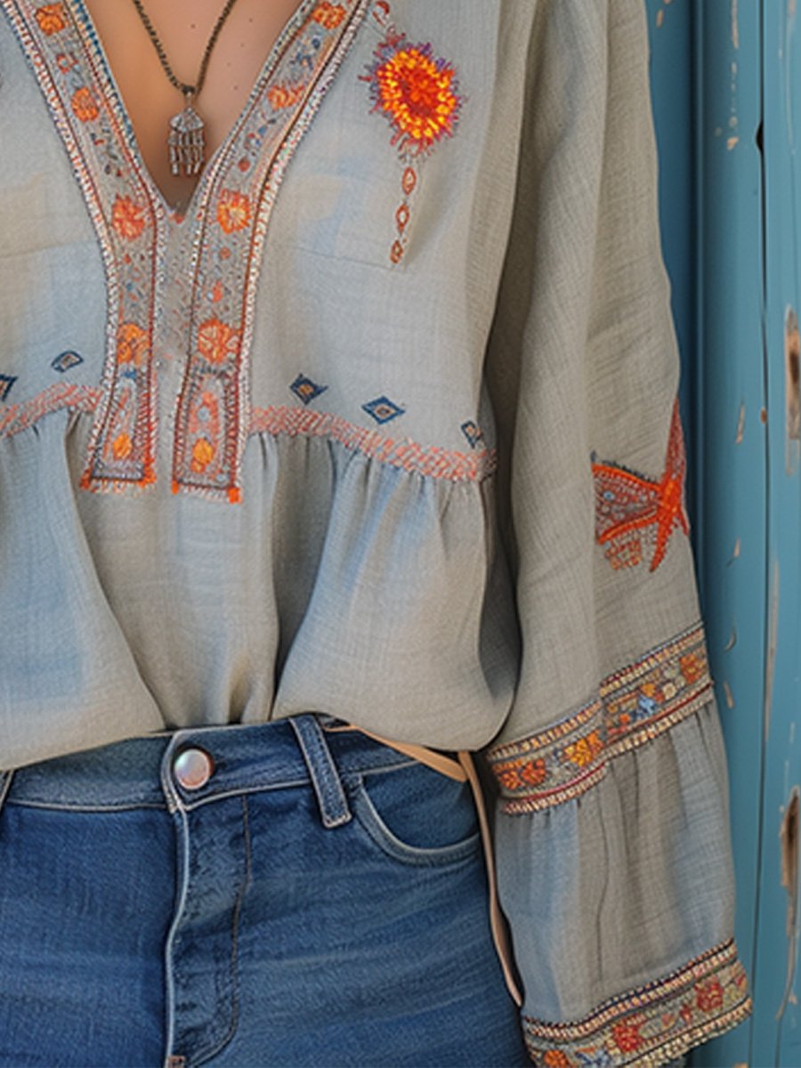 Women's Bohemian Embroidered V-Neck Blouse