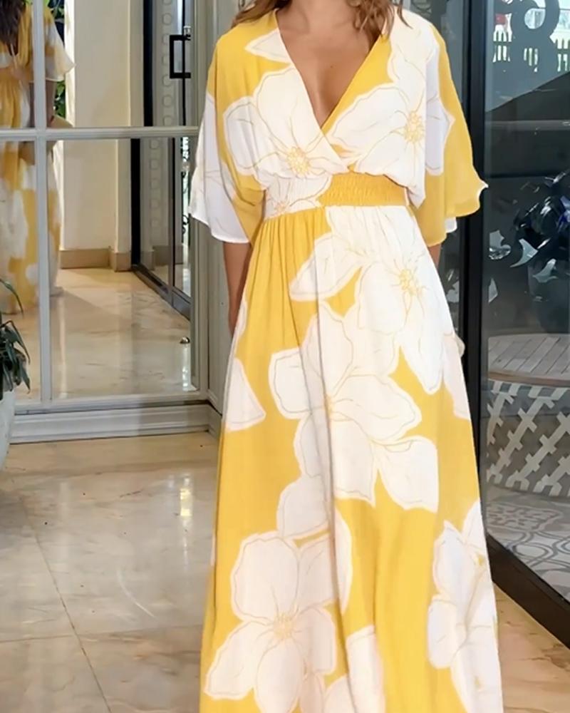 Women's Elegant Floral Print Dress with Chic Contrast Detailing