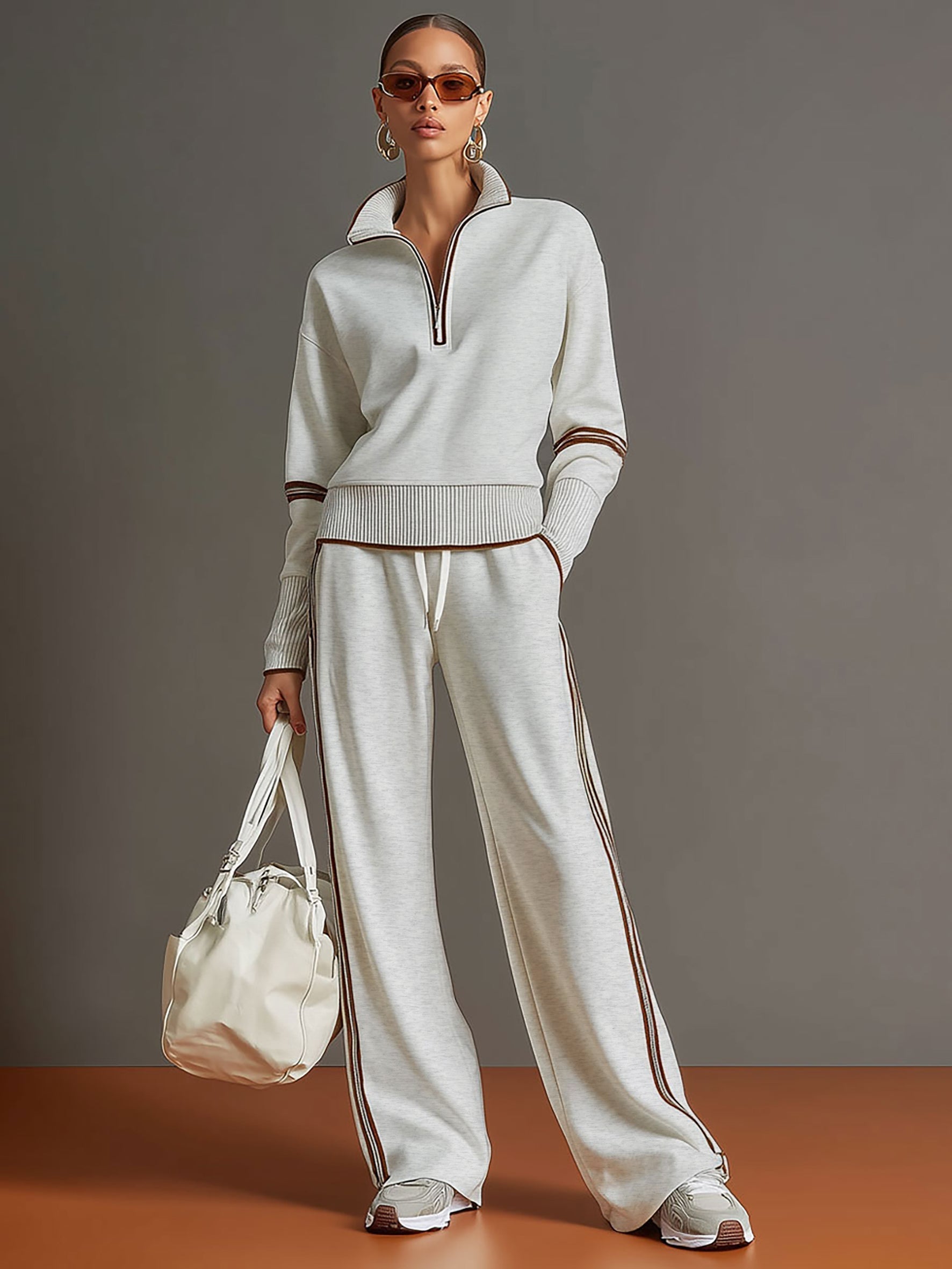 Women's Half-Zip Collared Sweatshirt & Wide-Leg Trouser Set