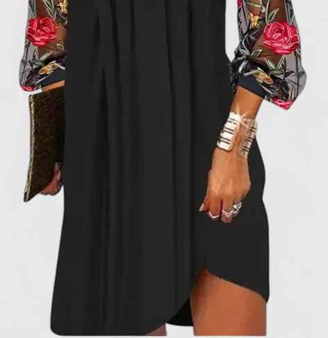 Women's V-Neck Mini Dress with Sheer Sleeves