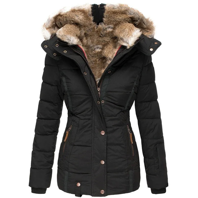 Women’s Hooded Quilted Winter Jacket with Faux Fur Trim