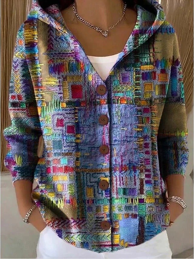 Women's Patchwork Hooded Cardigan with Colorful Pattern