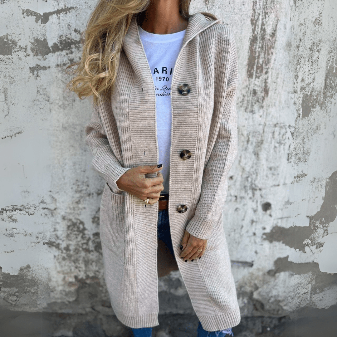 Women's Long Button Cardigan with Stand Collar