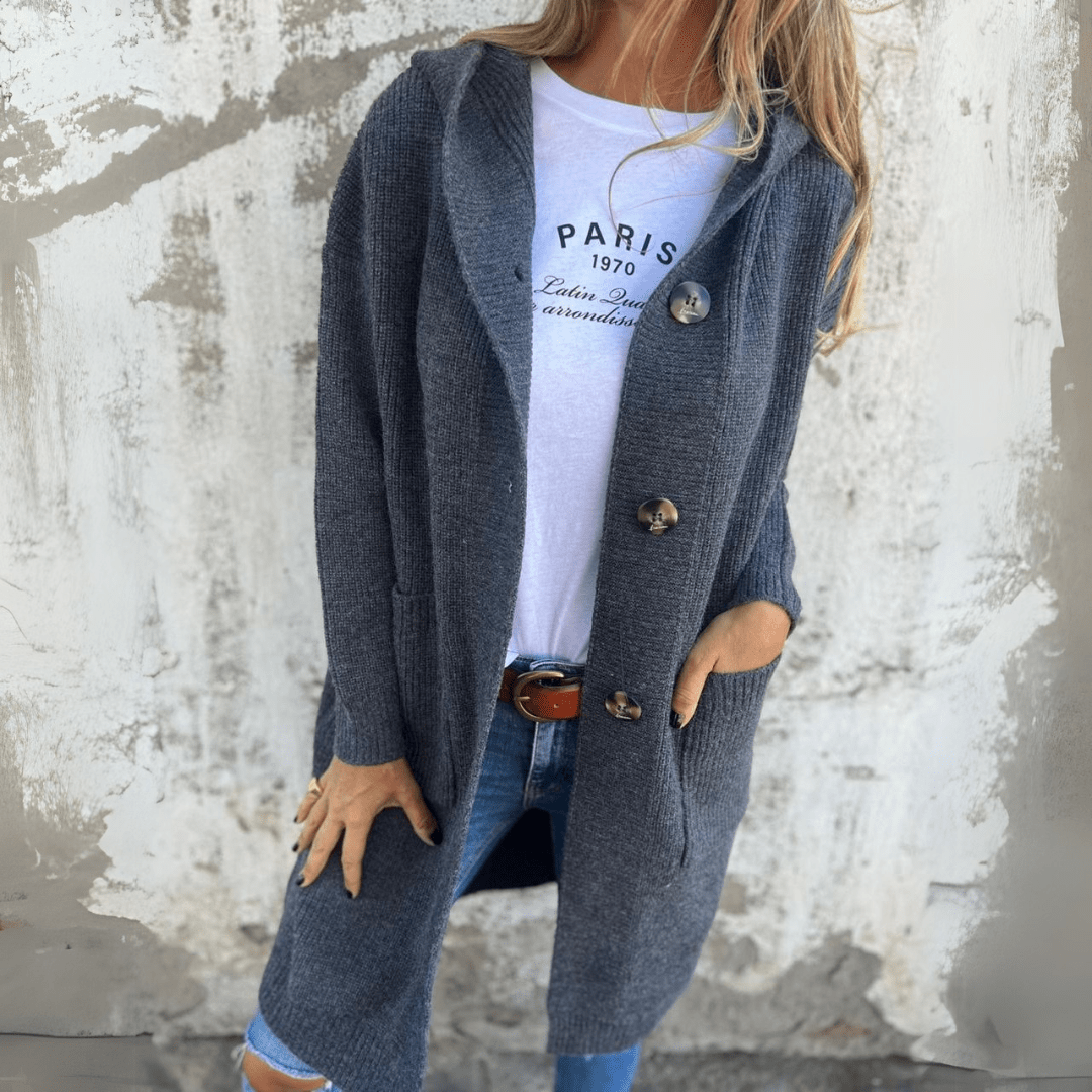 Women's Long Button Cardigan with Stand Collar