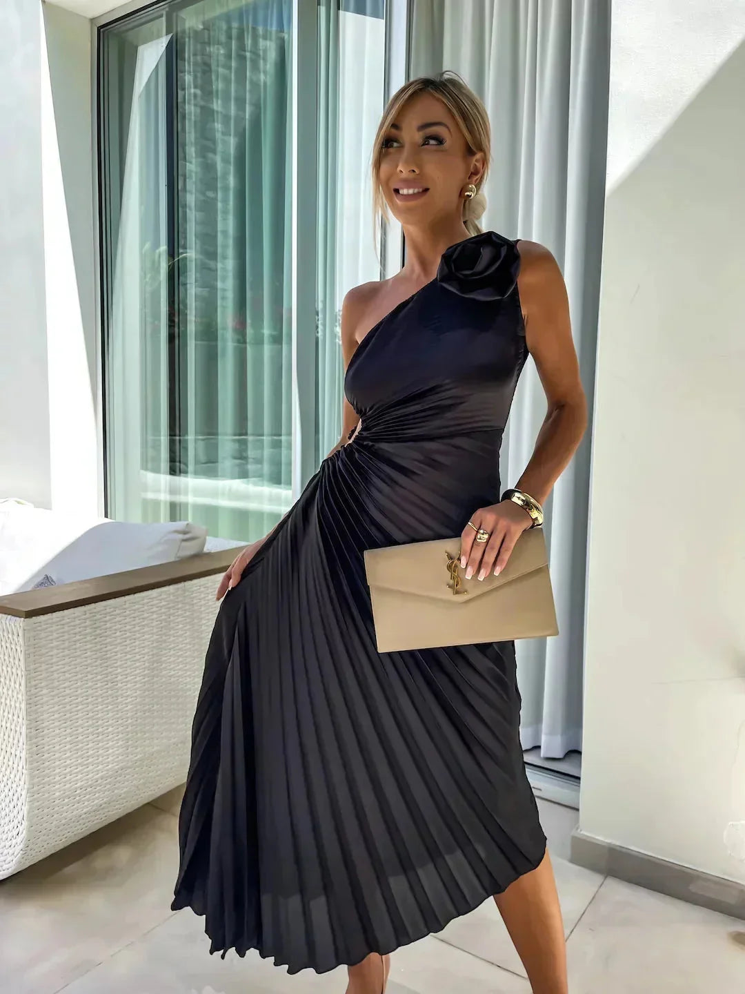 Marlowe - Women’s one-shoulder pleated midi dress