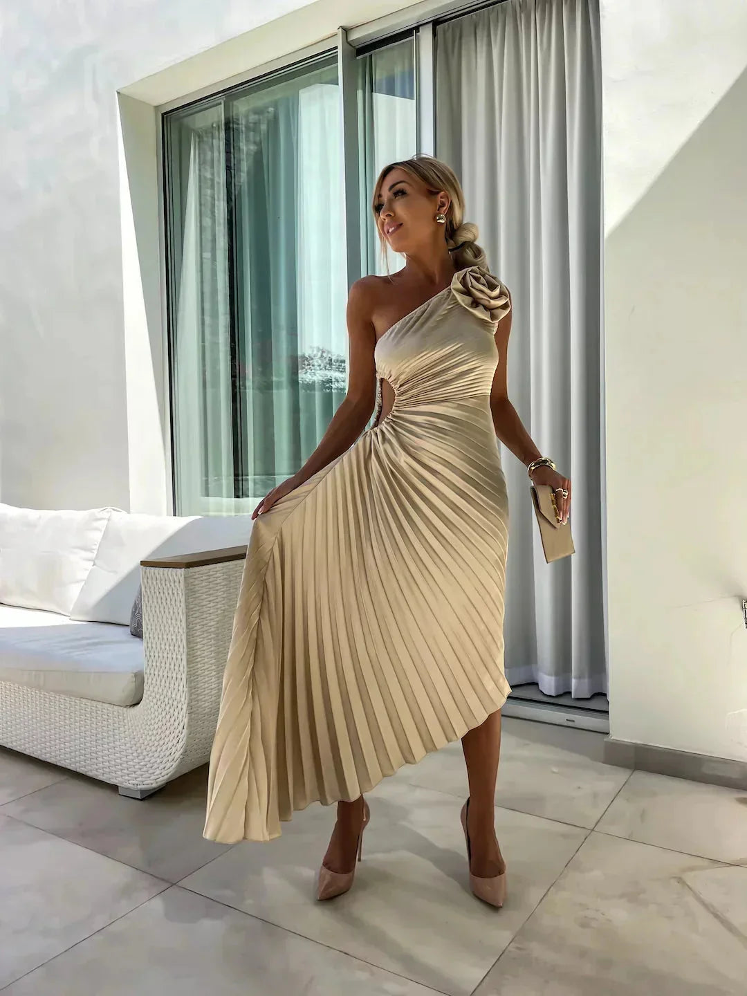 Marlowe - Women’s one-shoulder pleated midi dress