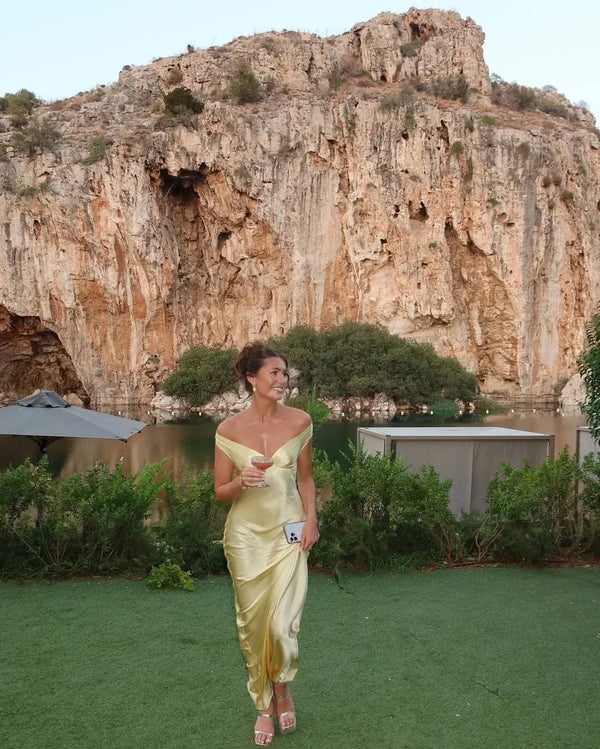 Lara | Off shoulder yellow maxi dress with clutch
