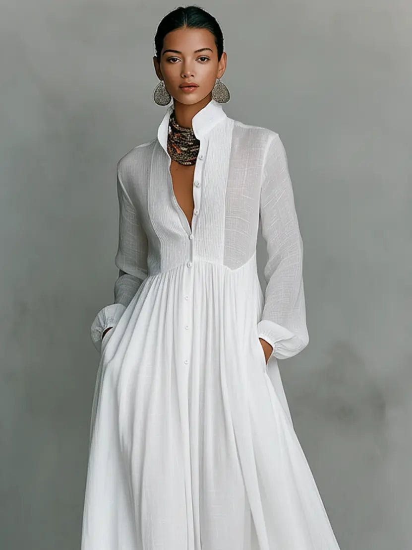 Women's Long Sleeve Button-Front Maxi Dress