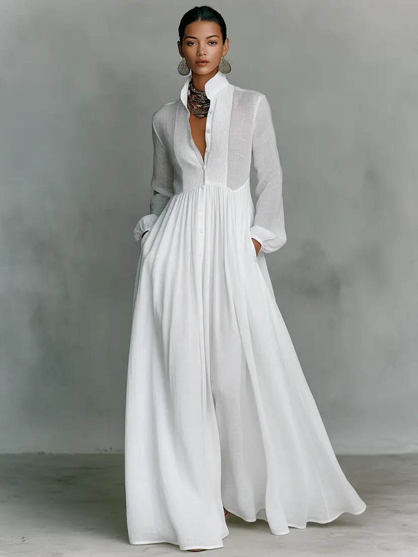 Women's Long Sleeve Button-Front Maxi Dress