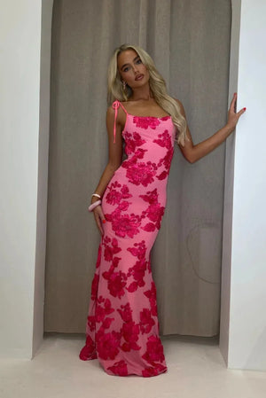 Mara | Women’s pink floral maxi dress with elegant shoulder ties