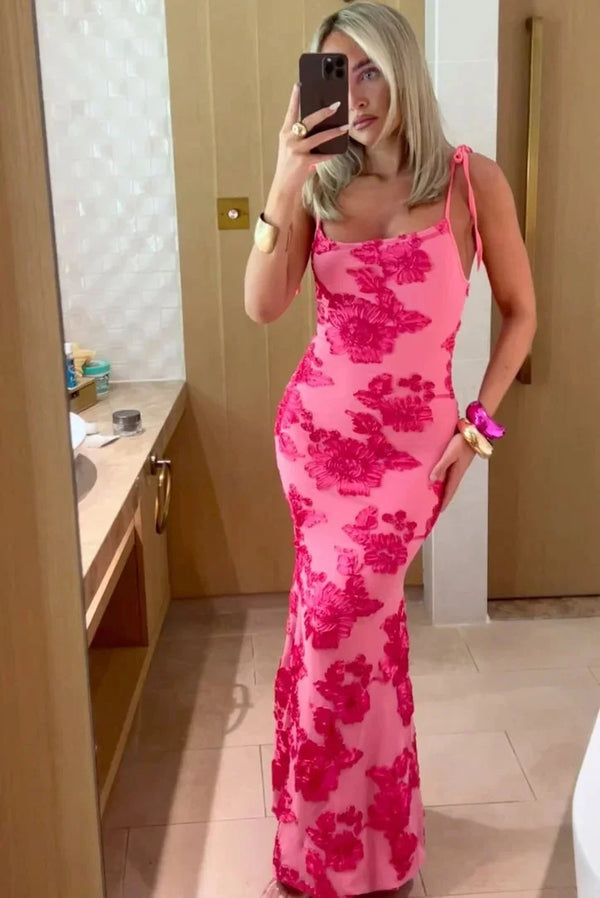 Mara | Women’s pink floral maxi dress with elegant shoulder ties