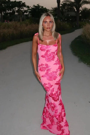 Mara | Women’s pink floral maxi dress with elegant shoulder ties